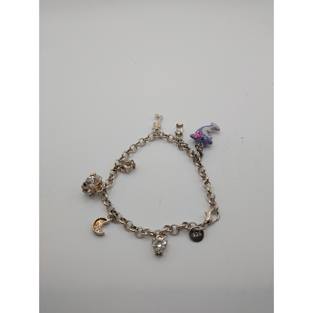 Sterling Silver Bracelet‎ With Moon Key And Dolphin Charms
